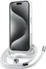 A transparent iPhone case with a white crossbody strap is displayed against a white background. Produktbild-Vorschau