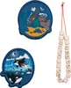 A collage of two embroidered patches and a string of wooden beads with letters. Produktbild-Vorschau