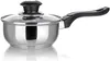 A stainless steel saucepan with a glass lid and a black handle, isolated on a white background. Produktbild-Vorschau