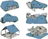 Collage of different items covered by blue tarps, including a car, boat, tent, and people having a picnic. Produktbild-Vorschau