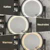 A collage showing a vanity mirror with different lighting settings (cold, neutral, warm) and a side cabinet with toiletries. Produktbild-Vorschau