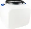 A white plastic barrel with a black lid and a metal clamp with blue handles. Podgląd zdjęcia produktu