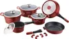 A set of cookware with red exteriors and black interiors, including pots, pans, and accessories, arranged on a white background. Produktbild-Vorschau