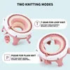 Two knitting machines are shown, one in a loop knit mode and the other in a plain knit mode, with text explaining the different modes and their uses. Náhled obrázku produktu
