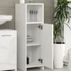 A white high-gloss bathroom cabinet with one door open, showing shelves with towels and bottles. Náhled obrázku produktu