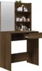 A brown wooden vanity table with a mirror and shelves filled with cosmetic products. Náhled obrázku produktu