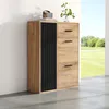 A wooden cabinet with black accents stands against a white wall, with a window showing a green outdoor scene in the background. Produktbild-Vorschau