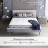 A bedroom scene with a mattress on a bed, featuring marketing text and icons. Produktbild-Vorschau