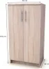 A light brown wooden cabinet with two doors and silver handles, shown from the front with dimensions indicated. Podgląd zdjęcia produktu