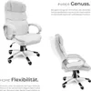 A white office chair is shown from two different angles, with descriptive text highlighting its features and benefits. Náhled obrázku produktu