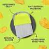 A product image for a wavy-edged slicer, featuring callouts to its ergonomic handle, anti-slip material, sharp blade, and stainless steel construction. Potato chips are scattered around the product to illustrate its use. Produktbild-Vorschau