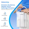 A person is holding a Waterdrop electric water filter pitcher, with marketing text and feature callouts on the left. Podgląd zdjęcia produktu