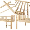 Collage of four close-up images showing the construction details of a wooden bed frame. Voir les images du produit