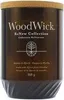 A WoodWick candle in a brown glass jar with a wooden lid. Voir les images du produit