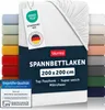 A white fitted sheet with various color swatches to the left and right, and product information displayed on the front. Produktbild-Vorschau