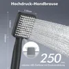 A black shower head spraying water, with dimensions and text overlays. Produktbild-Vorschau