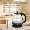 A glass electric kettle with a tea infuser and its base are displayed on a table, with kitchen background. Produktbild-Vorschau