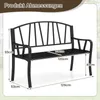 A black metal garden bench with dimensions indicated by text overlays. Voir les images du produit
