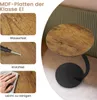 A round side table with a vintage wood-look top and a black metal base, shown with close-up images highlighting its features. Produktbild-Vorschau