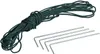 A bundle of dark green rope and four silver tent stakes on a white background. Produktbild-Vorschau