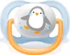 A close-up studio shot of a baby pacifier with a penguin design. Produktbild-Vorschau