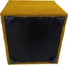 The underside of a yellow corduroy ottoman is shown, with black corner protectors and a black fabric base. Náhľad obrázku produktu
