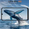 A smartphone screen displaying a whale breaching from the ocean, framed by a black border representing the phone's edge, with text overlays. Produktbild-Vorschau