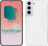 A white Samsung Galaxy S22 smartphone is shown from the front and back. The front display shows a graphic with the text 'handingo' and '#you're-smart'. Produktbild-Vorschau