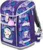 A purple school backpack with a jungle leaf pattern and a cartoon lion cub patch. Produktbild-Vorschau