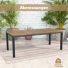 An outdoor table with dimensions indicated by text overlays, set against a brick wall and potted plants. Anteprima dell’immagine prodotto