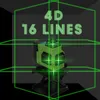 A green laser level device is shown with green laser lines projected around it, indicating its functionality. Text overlays highlight its features. Podgląd zdjęcia produktu