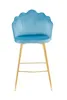 A blue bar stool with a shell-shaped back and gold legs, photographed against a white background. Produktbild-Vorschau