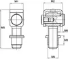 Technical drawings of a metal hinge with dimensions labeled. Produktbild-Vorschau