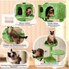 A collage of images showcasing different features of a green cat tree, with cats interacting with it. Podgląd zdjęcia produktu