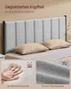 A bed frame with a padded headboard and pillows, with close-up shots of the mattress material and fabric. Produktbild-Vorschau