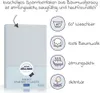 A product image showing a light gray baby crib sheet with various feature icons and German text describing its properties. Produktbild-Vorschau