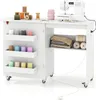 A white sewing table with a sewing machine on top and various spools of thread and fabric stored in shelves. Náhľad obrázku produktu