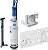 A collection of toilet cistern parts, including a flush valve, mounting bracket, and a flush plate with instructions. Produktbild-Vorschau