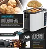 A toaster with a bun warmer attachment, surrounded by marketing text and images of bread rolls. Produktbild-Vorschau