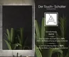 A split image showing a modern bathroom mirror with integrated LED lighting on the left, and a close-up of a touch switch with plant foliage on the right. Produktbild-Vorschau