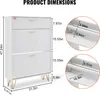 A diagram showing the dimensions of a white shoe cabinet with gold handles and legs. Produktbild-Vorschau