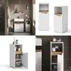 A collage of images showing a white and oak bathroom cabinet from different angles and in different settings. Produktbild-Vorschau
