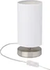 A white table lamp with a cylindrical fabric shade and a brushed metal base, shown on a white background with its power cord and inline switch. Produktbild-Vorschau
