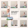 A collage of images showing a woman performing various yoga poses, with text overlay. Produktbild-Vorschau