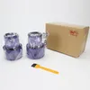 Two purple vacuum cleaner filters are shown next to a cardboard box and a small cleaning brush. Produktbild-Vorschau