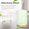 A white aroma diffuser with a wood-grain base is shown emitting mist, with text describing its features and benefits. Produktbild-Vorschau
