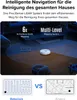 A robotic vacuum cleaner is shown in a modern living room setting, with graphics highlighting its navigation system and mapping capabilities. Below, two diagrams compare the cleaning paths of Roborock and other robot vacuums. Produktbild-Vorschau