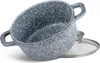 A speckled gray pot with two handles is shown tilted on a white background, with a silver tray and bowl underneath. Produktbild-Vorschau