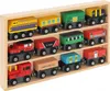 A wooden shelf displaying a collection of toy trains. Produktbild-Vorschau