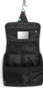 A black hanging toiletry bag with colorful polka dots is shown open and hanging from a hook. Produktbild-Vorschau
